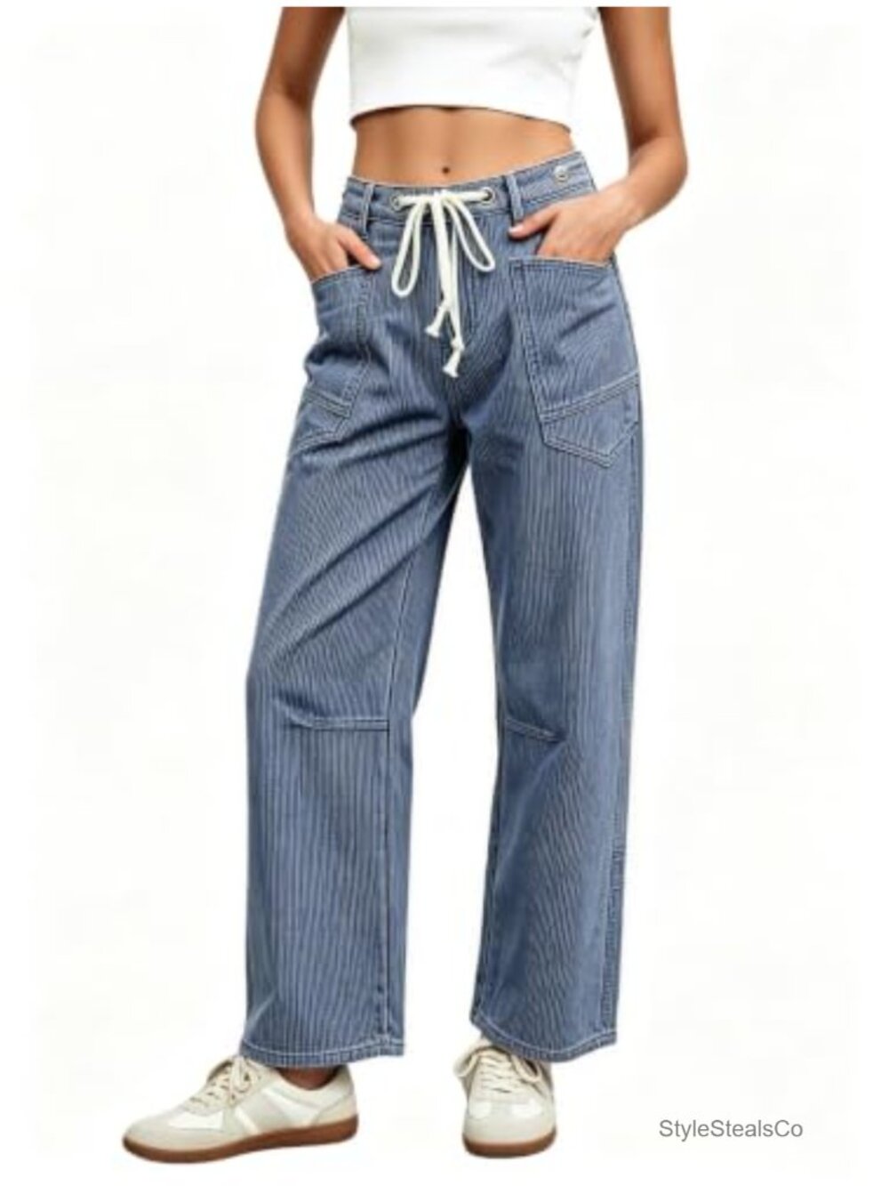 Ladyful Baggy Barrel Jeans High Waisted Drawstring Wide Leg Striped Denim Casual